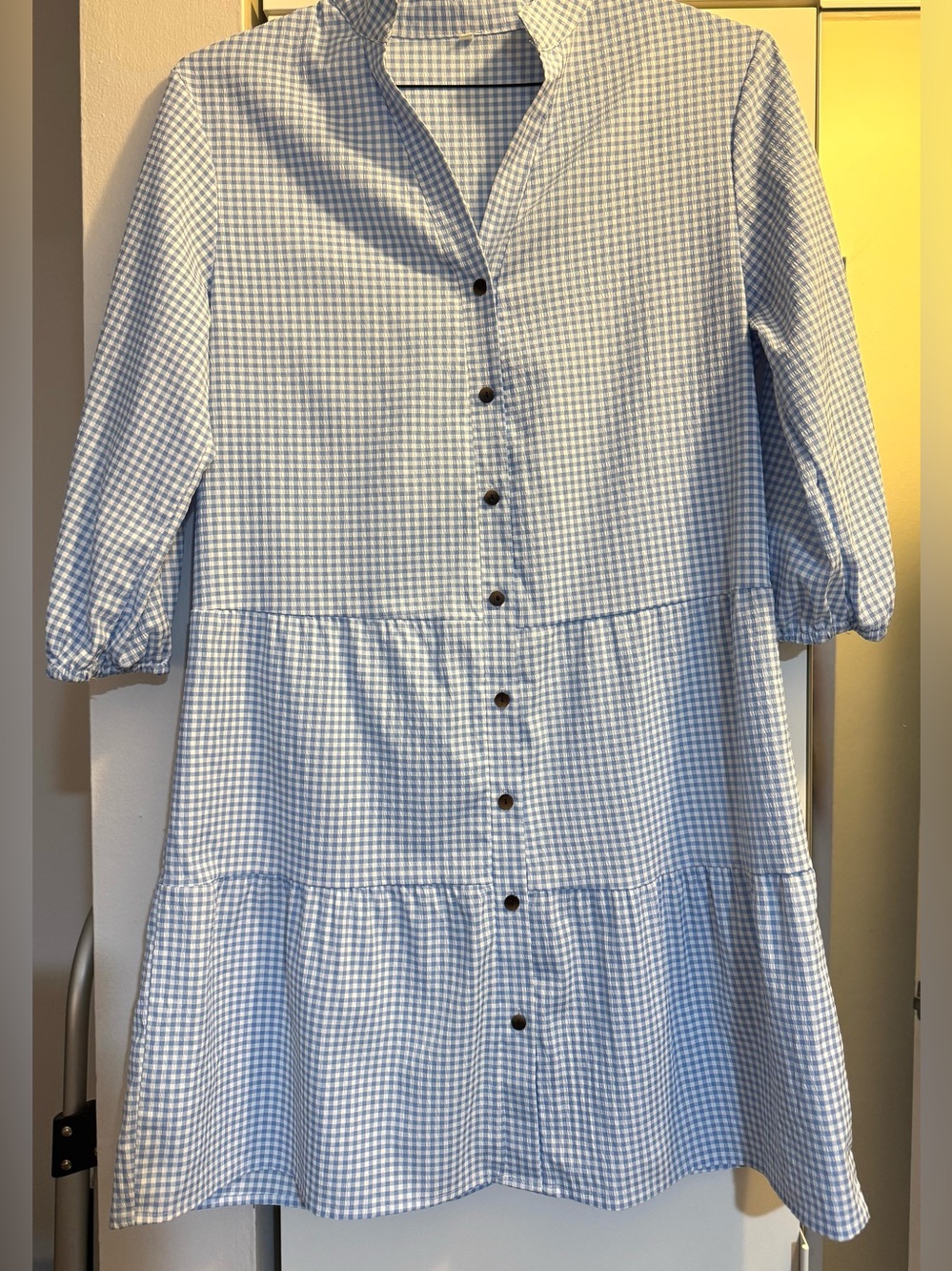 Women's casual V neck dress button down 3/4 sleeve blue & white size small